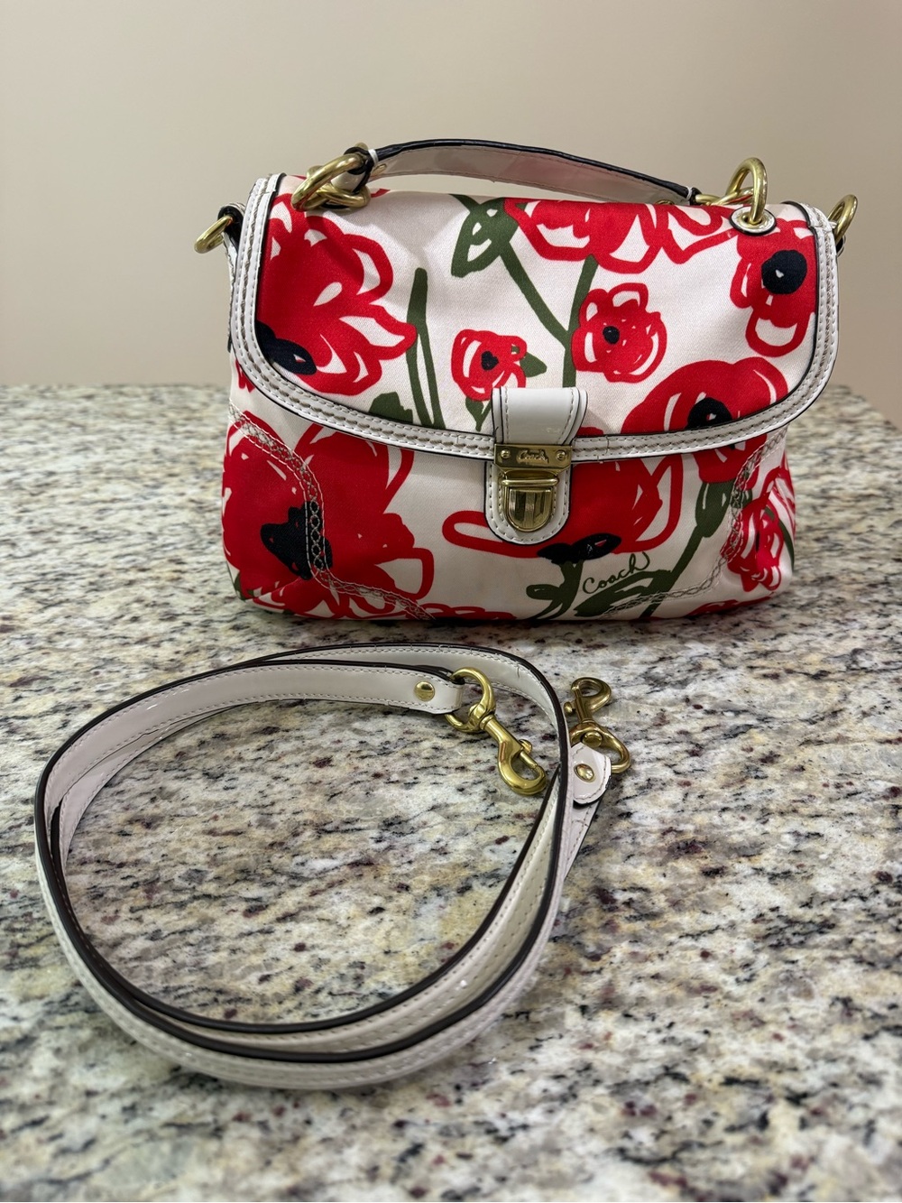 Coach Poppy 22439 Hard to Find Floral Embroidered 2 Way Crossbody Handbag Red - Picture 3 of 16